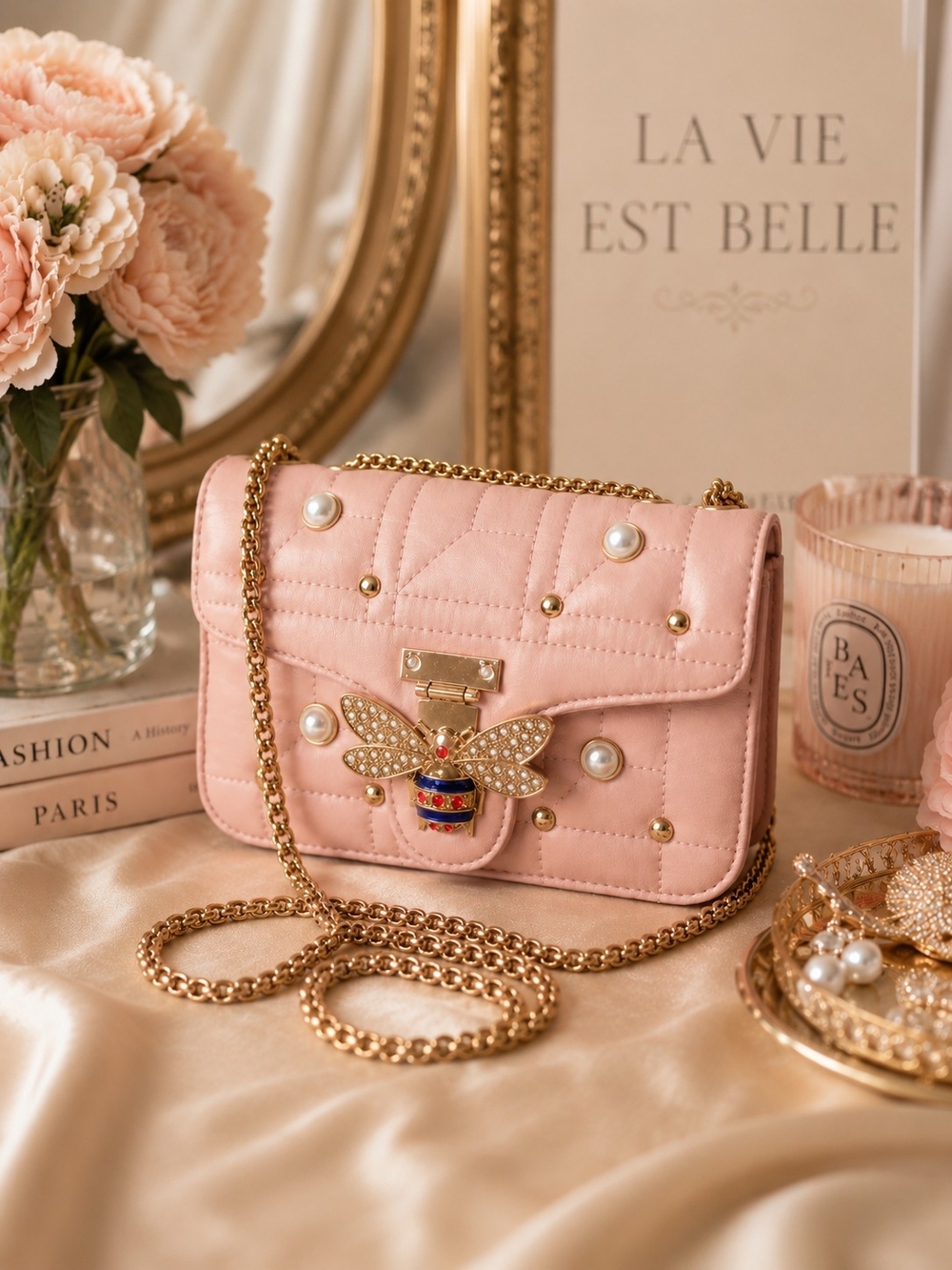 Women’s Pink Bee Pearl Studded Crossbody Purse Gold Chain Shoulder Handbag